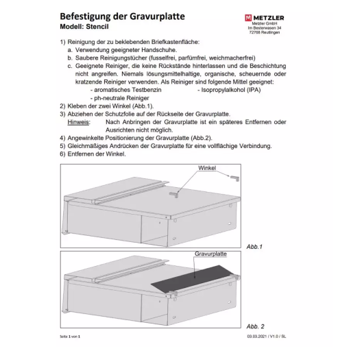Metzler Gravurplatte Text + Hausnummer Edelstahl für Briefkasten Stencil